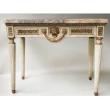 CONSOLE TABLE, 18th century Italian with breche violette marble top, parcel gilt pierced frieze,