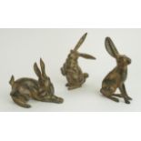 BRONZE HARES, three, by P. Chenet, 15cm H.