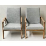 DANISH ARMCHAIRS, a pair, 1970's beech framed and herringbone weave blue upholstered, 55cm W. (2)