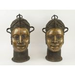 BENIN HEADS, a pair, bronze, 43cm H. (2)