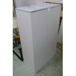 PEDESTALS, two, white resin with grey and white marble tops, 35cm W x 35cm D x 122cm H. (2)