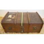 TRUNK, early 20th century canvas and bentwood with brass studs and mounts bears original luggage