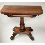 CARD TABLE, William IV rosewood with rounded rectangular foldover top on lappet column and carved