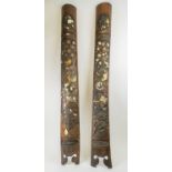 JAPANESE SHIBAYAMA BAMBOO WALL HANGINGS, a pair, intricately carved with scrolling foliate detail,