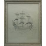 20th CENTURY SCHOOL, large pencil drawing of a galleon, glazed and in a painted frame, 86cm H x