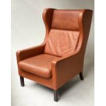 ARMCHAIR, 1960's tan leather with wingback back and seat cushions, 68cm W.