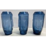 VASES, a set of three, Art Deco style, blue glass. (3)