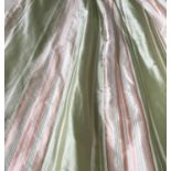 CURTAINS, a pair, lined and interlined silk, green cream and pink striped, 230cm drop x 115cm