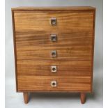 CHEST, 1970's teak with five drawers and turned supports, 75cm W.