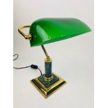 BANKERS LAMP, brass and simulated verdigris marble with a green glass shade, 35cm H.