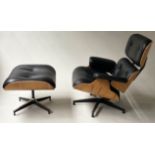 LOUNGER ARMCHAIR AND STOOL, in the manner of Charles and Ray Eames with buttoned leather