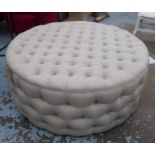 OTTOMAN, circular in a buttoned natural fabric, 123cm W x 50cm H.