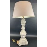 TABLE LAMP, of turned column form, with carved detail on a triform base with grey wash finish,