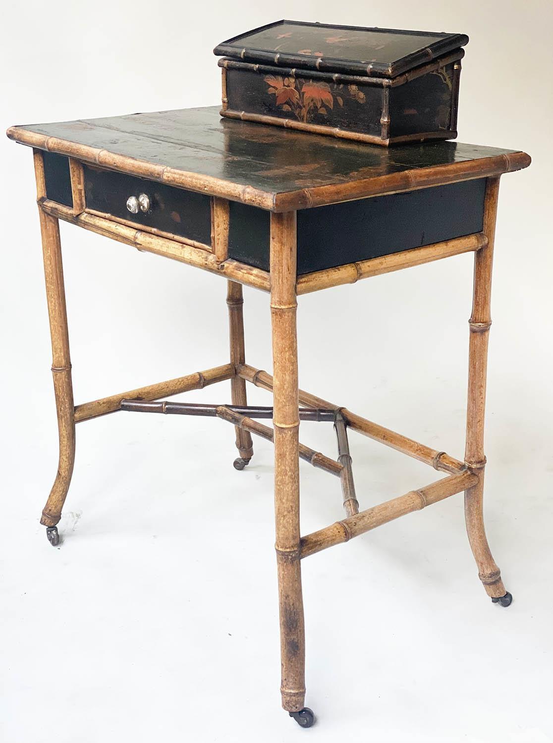 WRITING TABLE, 19th century Japanese bamboo and black lacquer panelled with rising lid stationery - Image 2 of 9