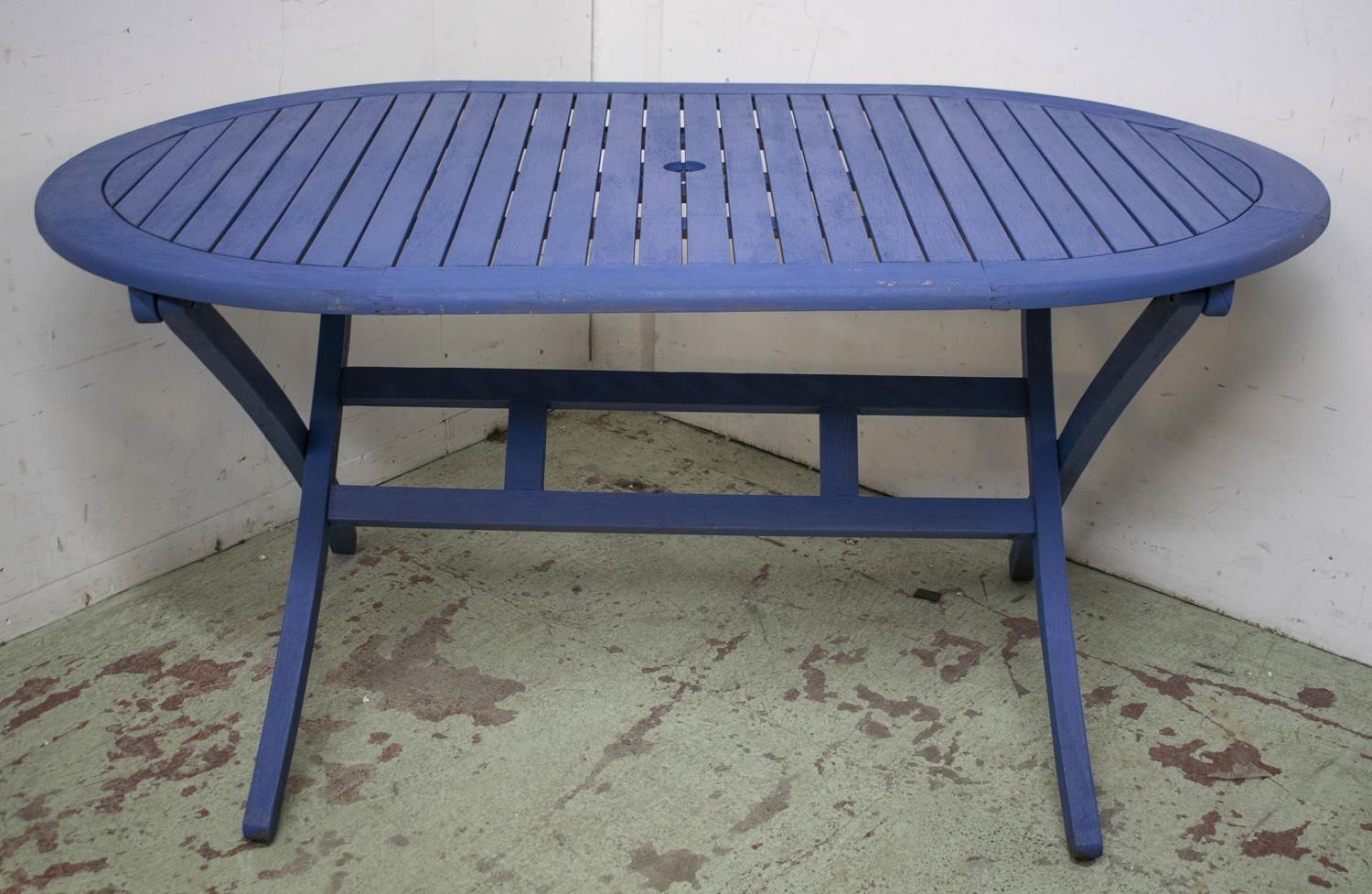 GARDEN SET, blue painted comprising a folding table 72cm H x 150cm x 90cm and a set of four - Image 2 of 3