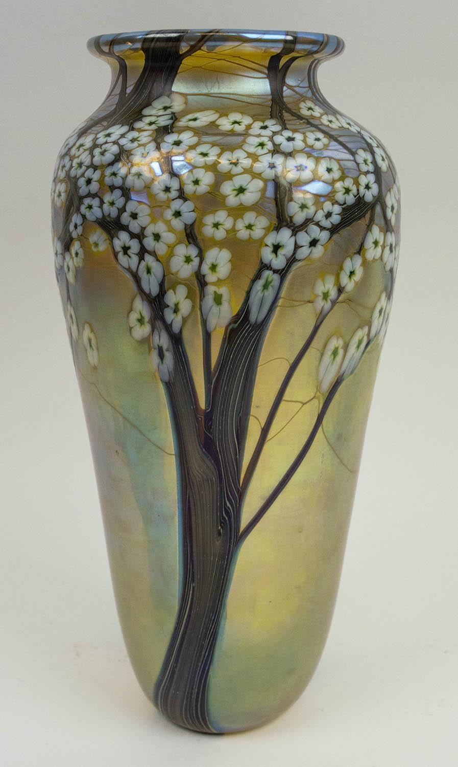 ORIENT AND FLUME IRIDESCENT GLASS VASE, Hawthorn Woods series, decorated with trailed trees with - Image 2 of 6