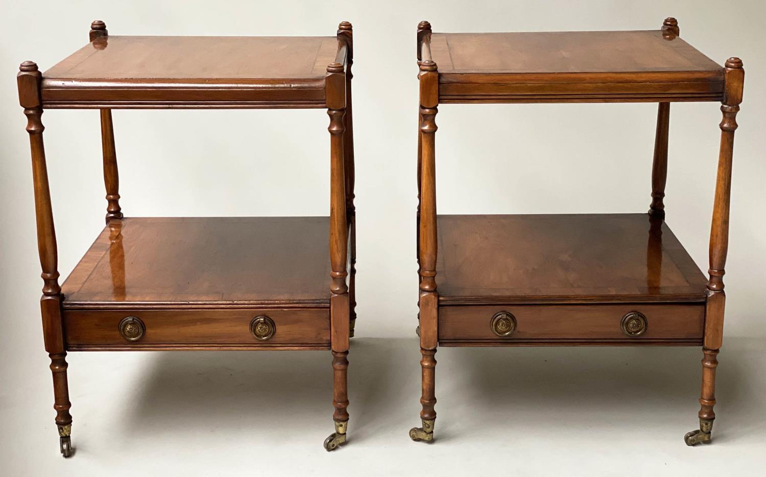LAMP TABLES, a pair, George III style yewwood of two tiers, each with drawer, 45cm x 45cm x 60cm
