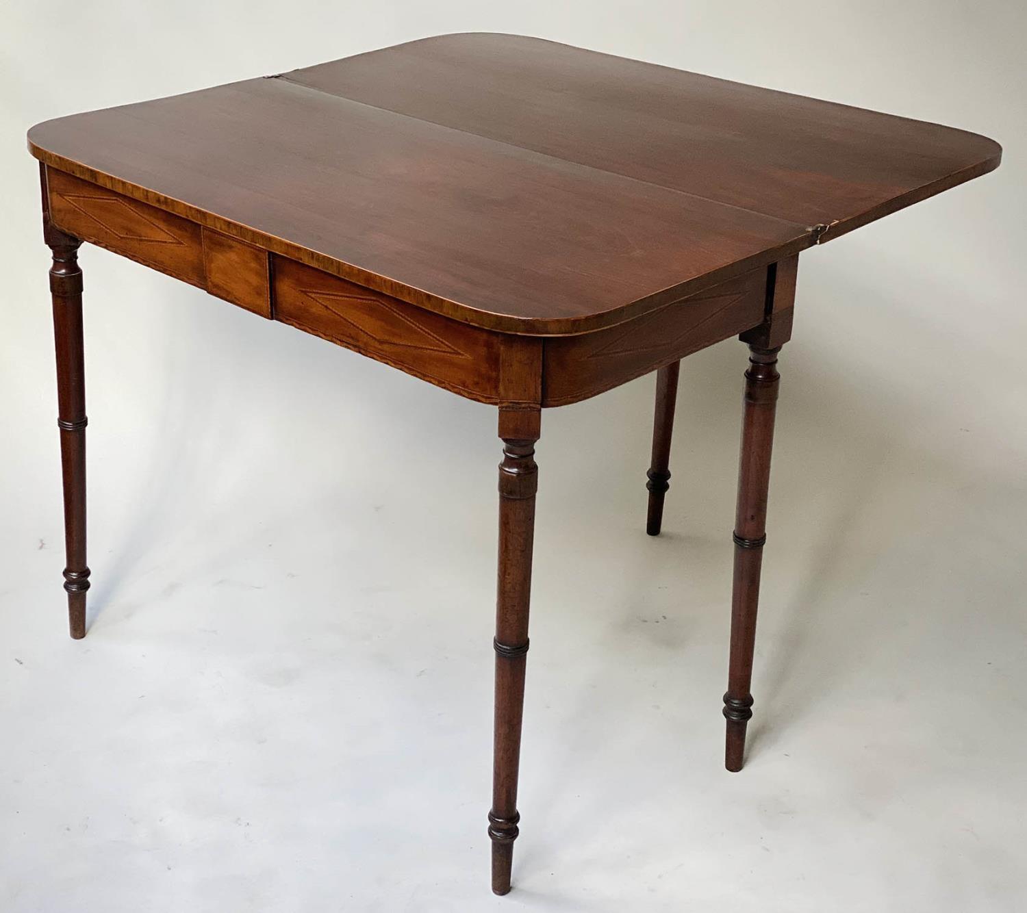 TEA TABLE, George III D shaped mahogany and rosewood crossbanded with satinwood fan medallion centre - Image 5 of 6