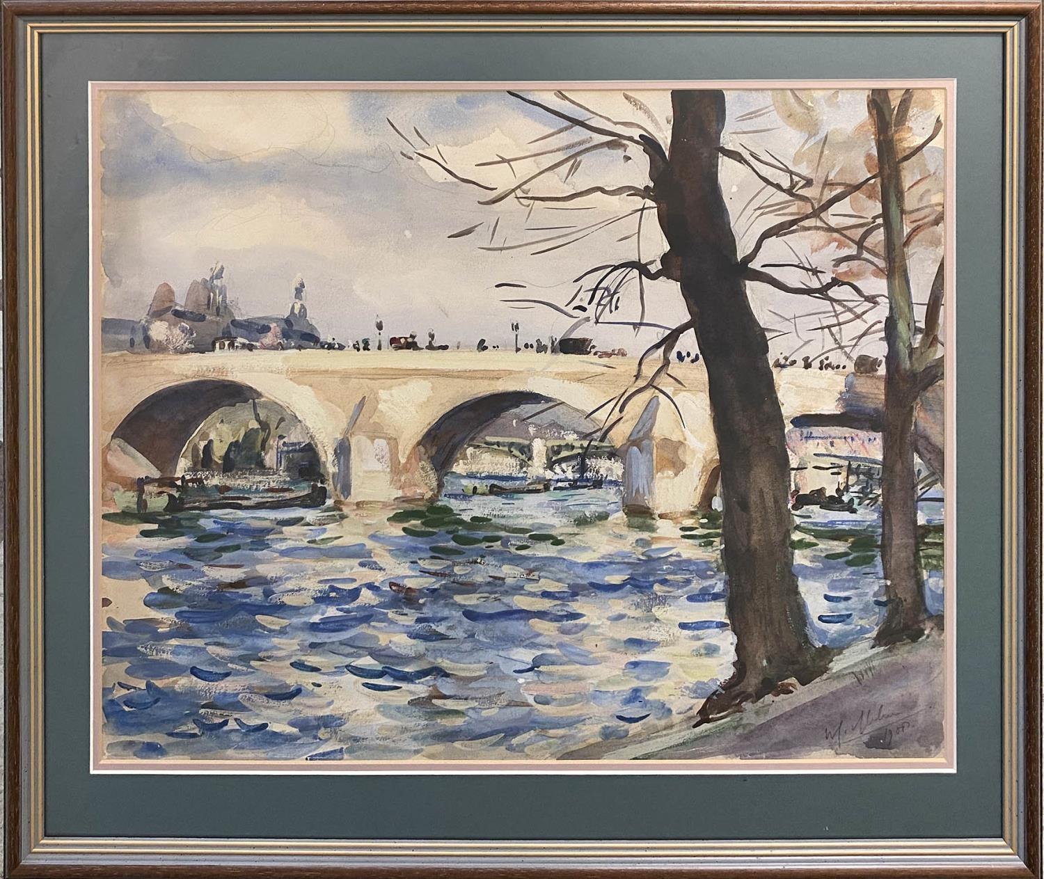 20TH CENTURY FRENCH SCHOOL 'Seine River View, Paris', watercolour, indistinctly signed and dated,