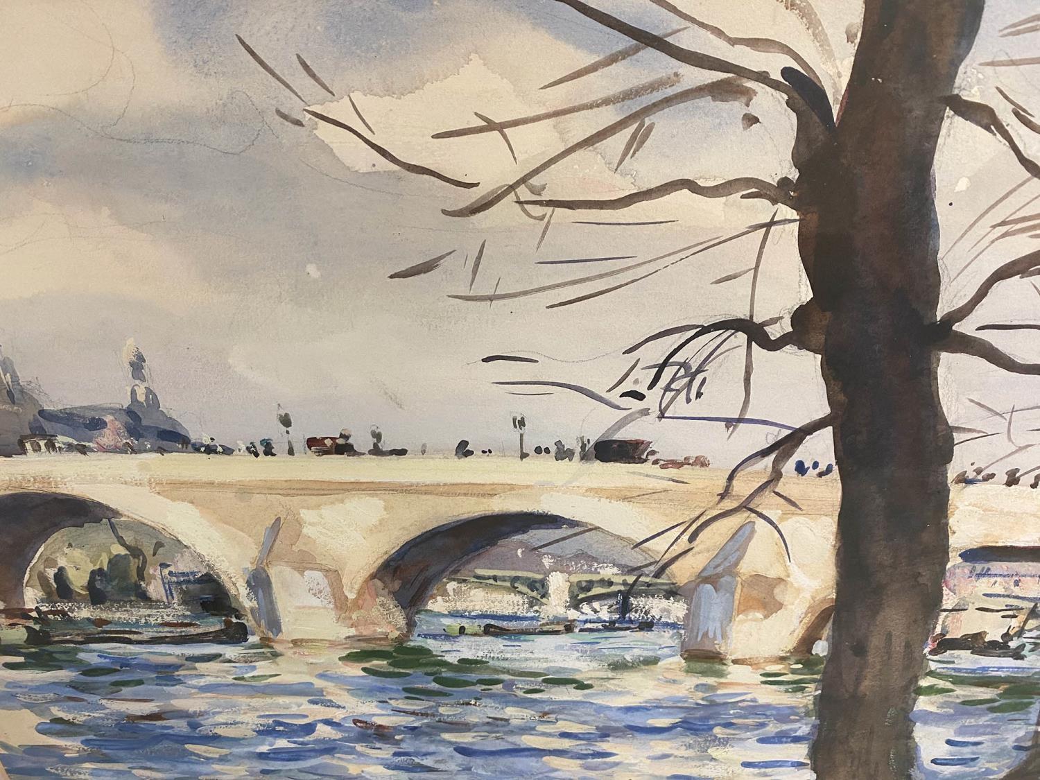 20TH CENTURY FRENCH SCHOOL 'Seine River View, Paris', watercolour, indistinctly signed and dated, - Image 2 of 3