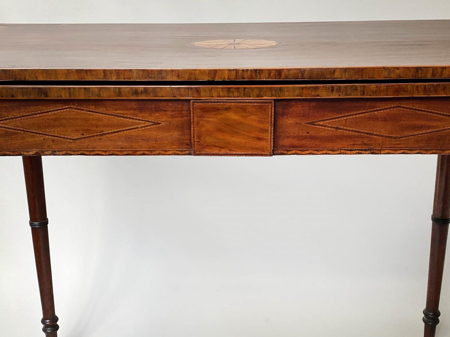 TEA TABLE, George III D shaped mahogany and rosewood crossbanded with satinwood fan medallion centre - Image 2 of 6