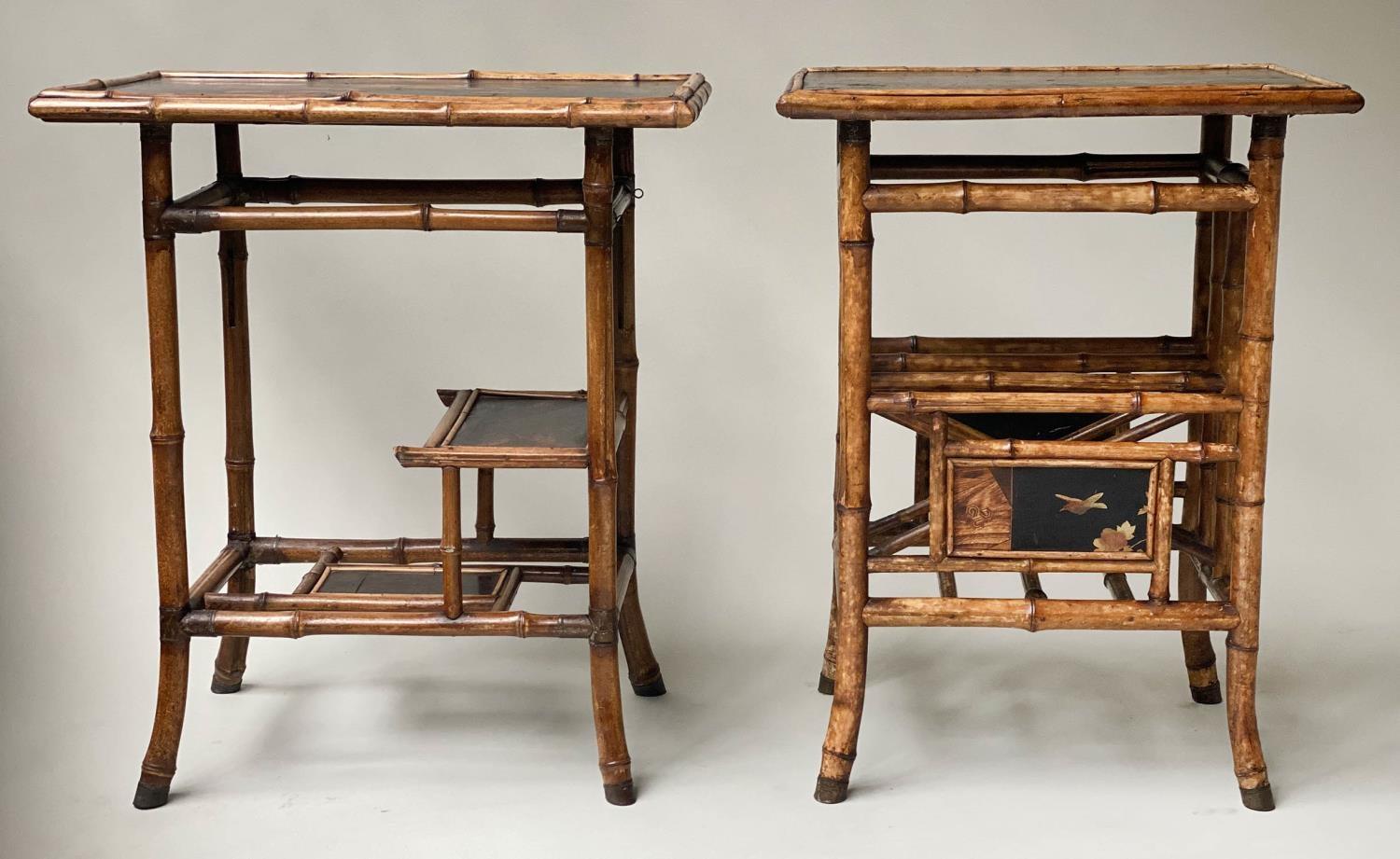 OCCASIONAL TABLES, 19th century Japanese bamboo framed decorated black lacquered panels together
