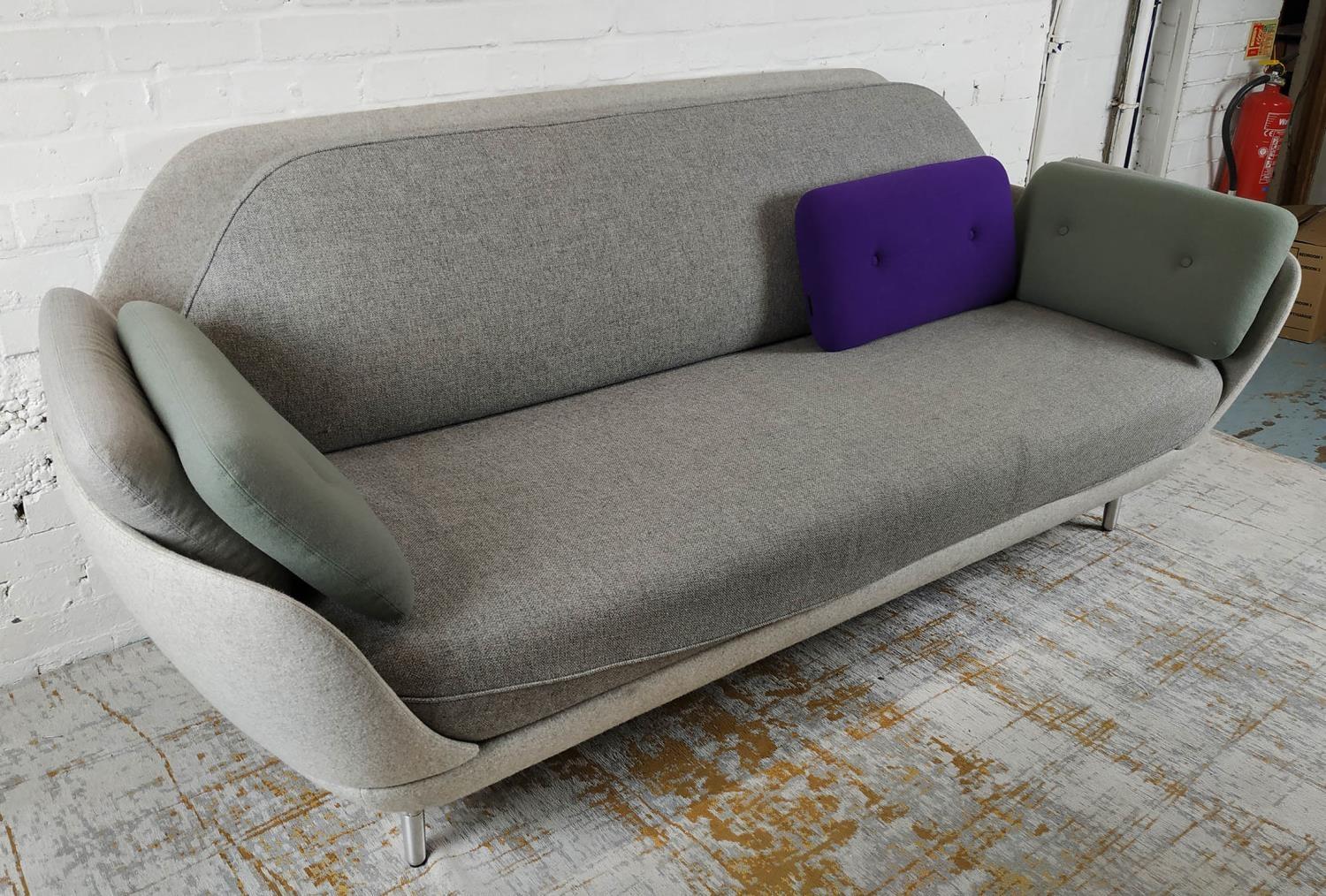 FRITZ HANSON FAVN SOFA, by Jaime Hayon in grey upholstery with cushions, 222cm L x 95cm x 86cm H.