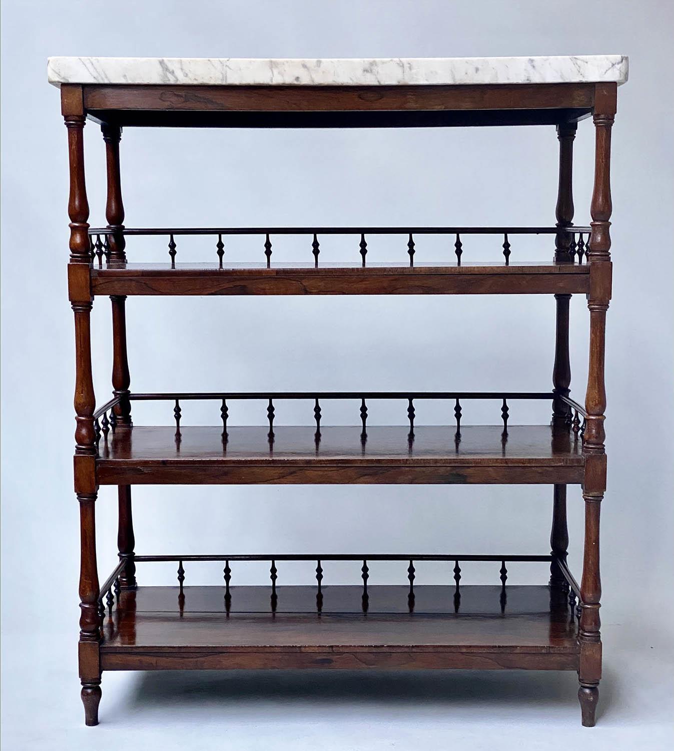 ETAGERE, early 19th century William IV rosewood with grey veined white marble top above three