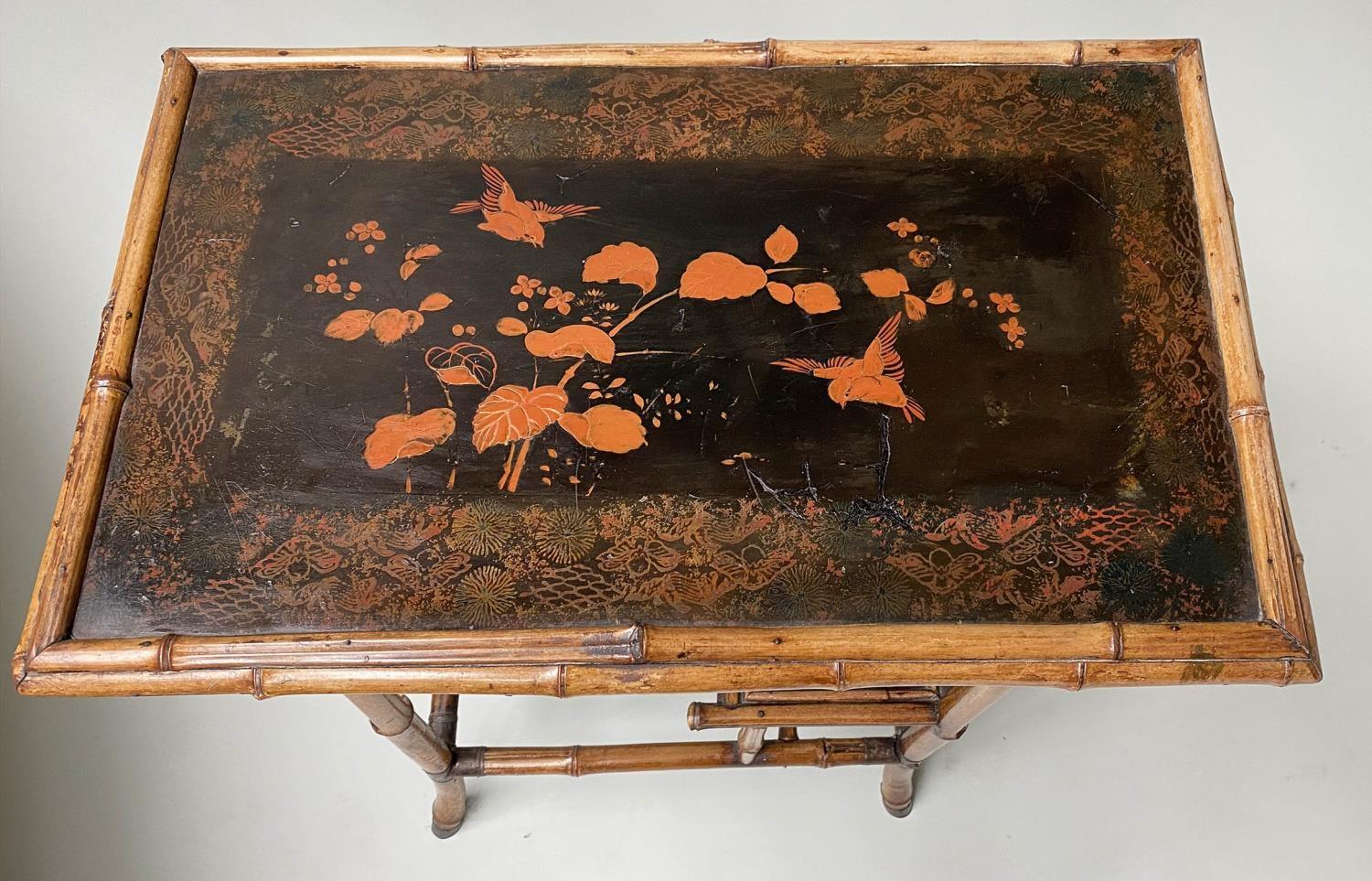 OCCASIONAL TABLES, 19th century Japanese bamboo framed decorated black lacquered panels together - Image 6 of 7
