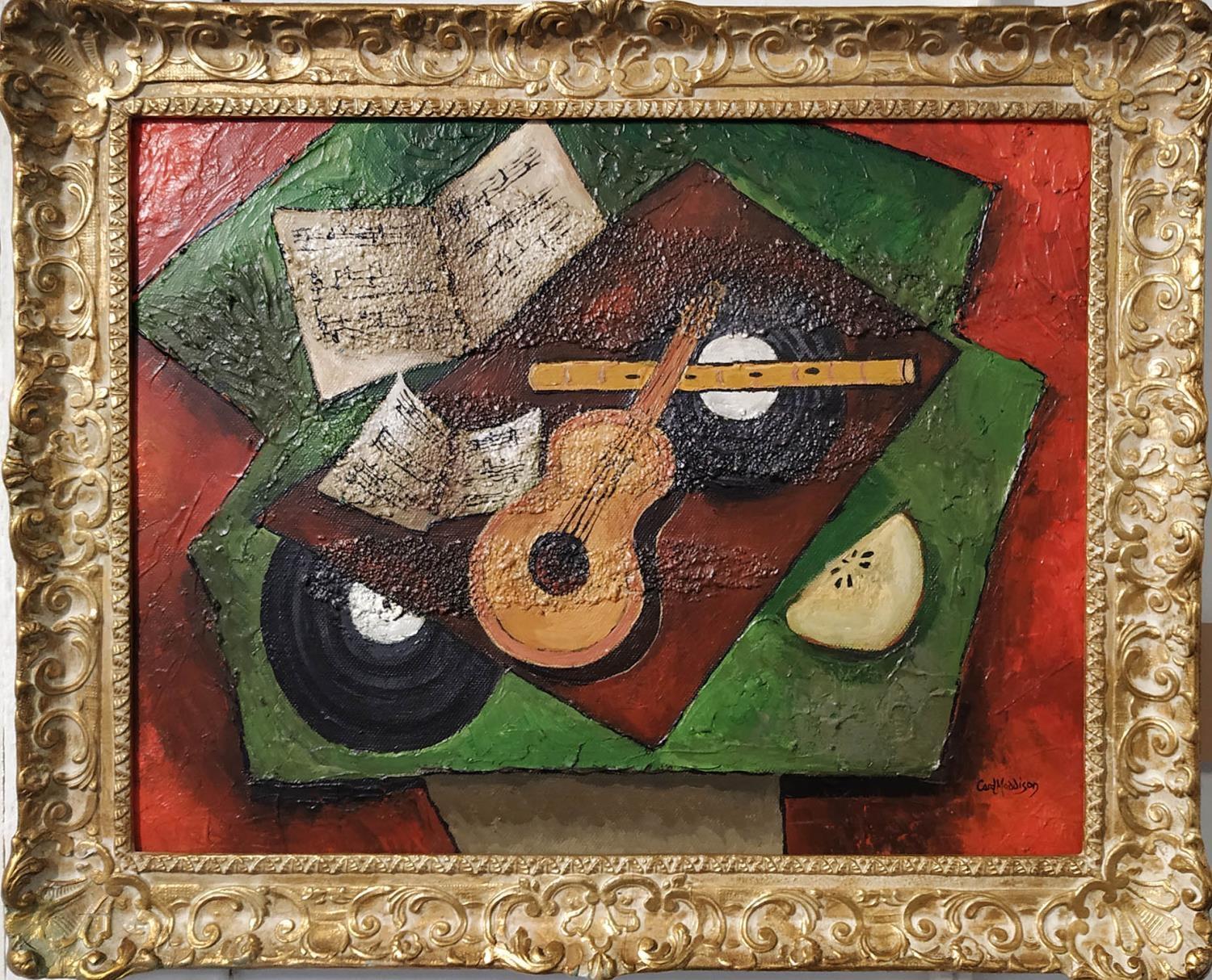 CAROL MADISON, 'Still Life with Guitar and Melon', oil on board, 34cm x 44cm, signed and framed.