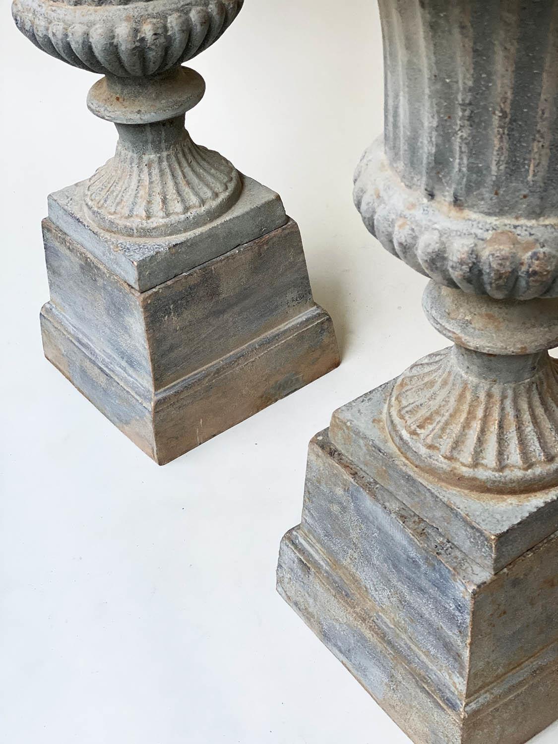 GARDEN URNS, a pair, vintage cast metal, egg and dart, fluted vase and raised plinth, 36cm x 67cm H. - Image 4 of 6