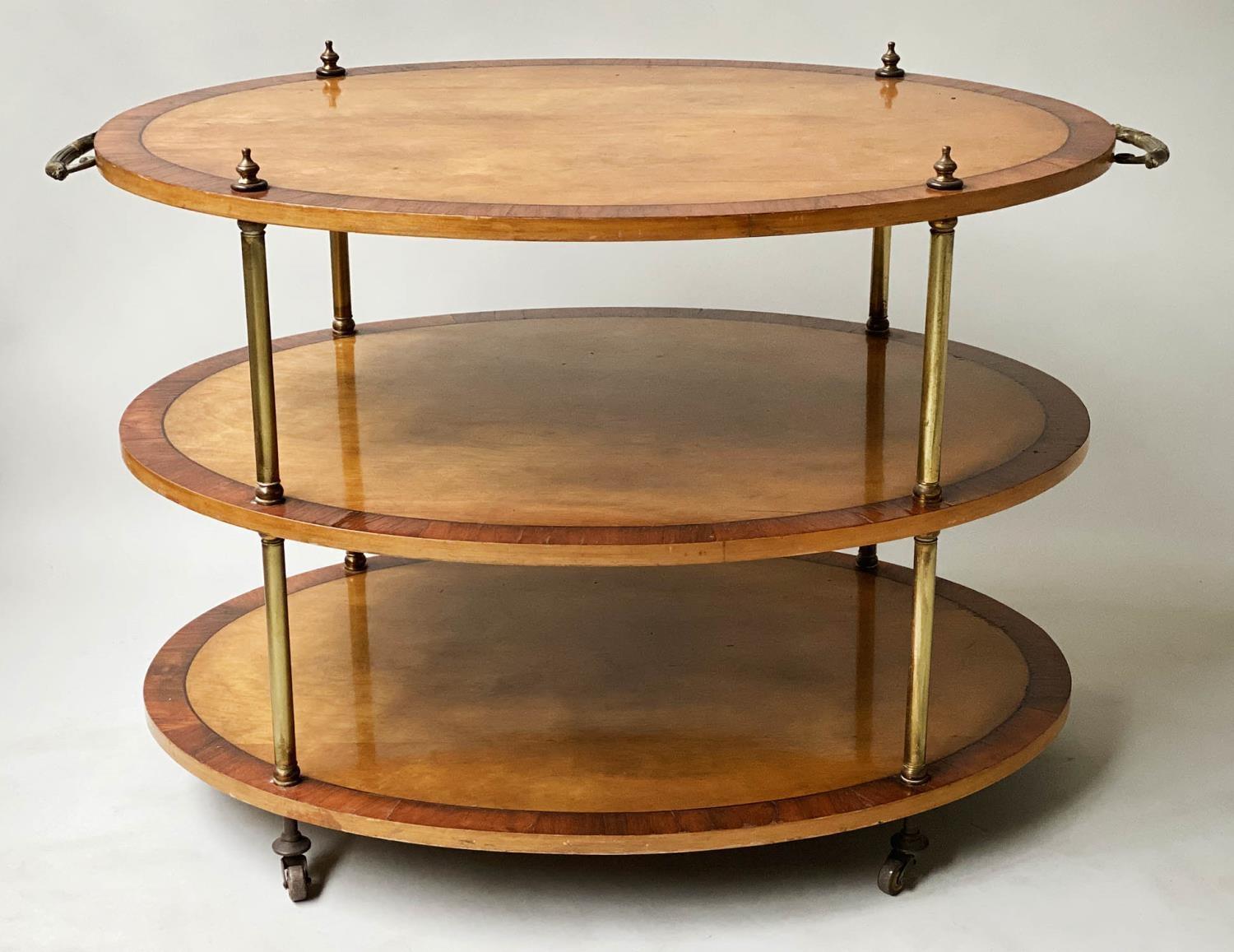 ETAGERE, Edwardian manner oval satinwood and rosewood crossbanded of two tiers with brass pillars - Image 2 of 8