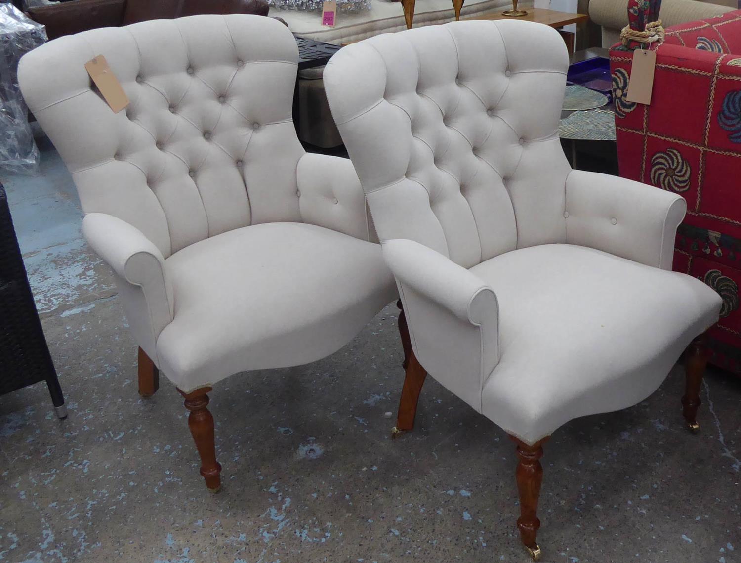 ARMCHAIRS, a pair, neutral buttoned back finish, 96cm H.