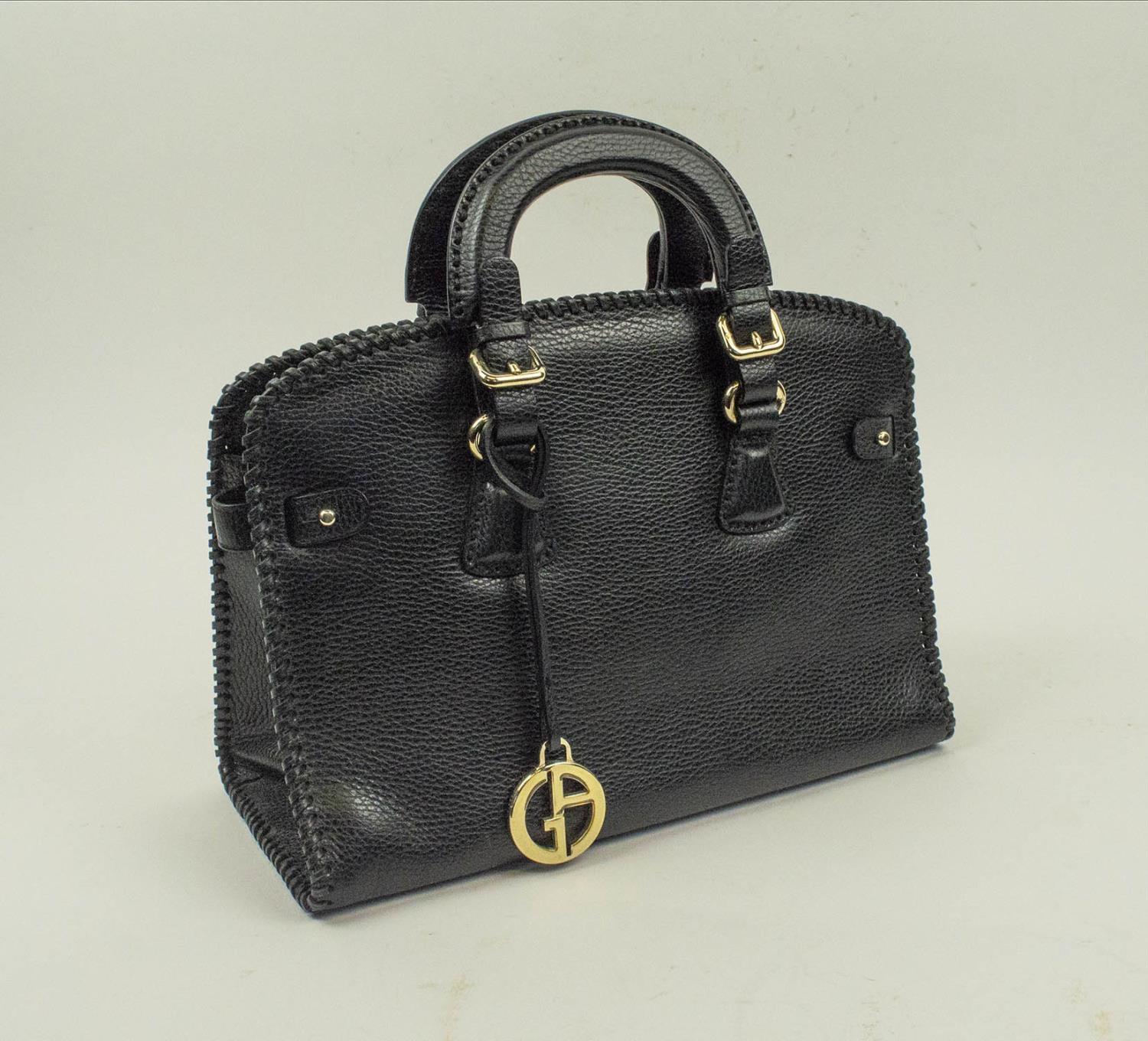 GIORGIO ARMANI HANDBAG, leather with pale gold tone hardware and logo charm, two top handles, bottom
