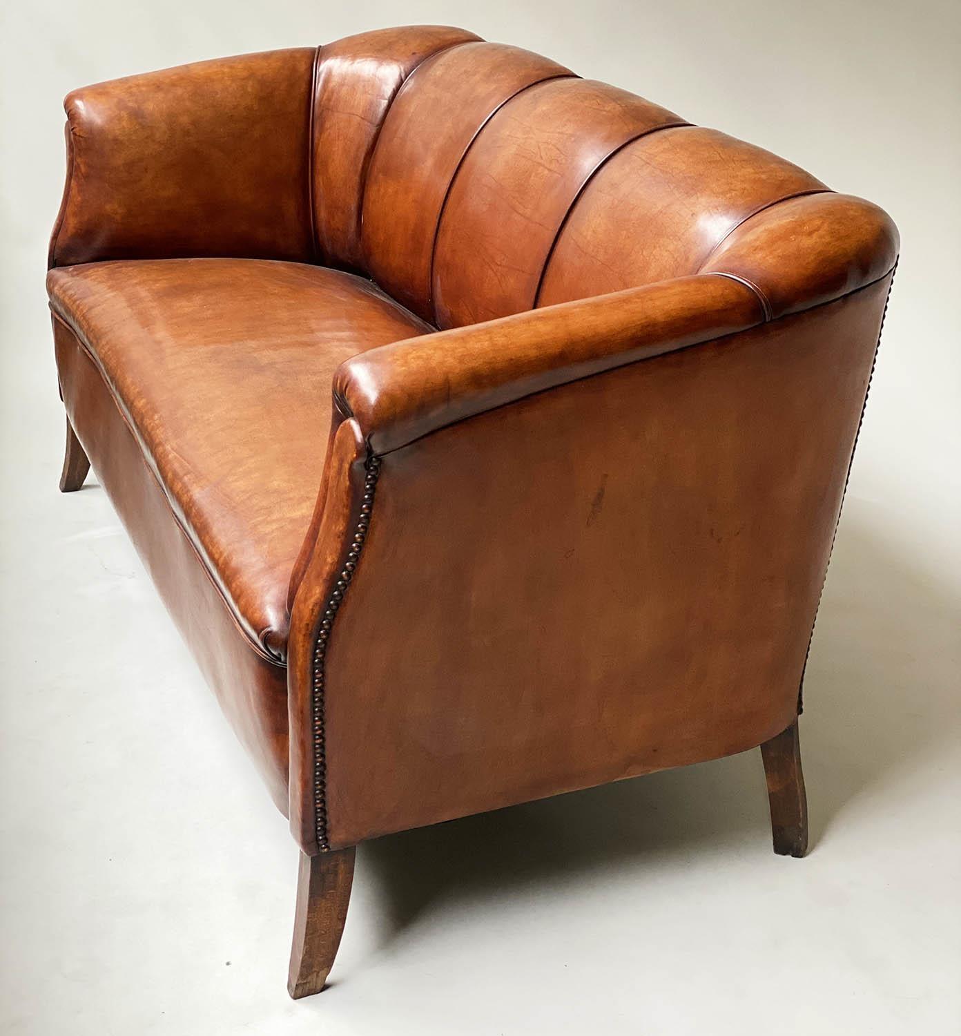 ART DECO SOFA, natural brown leather and brass studded with piping and shaped supports, 160cm W. - Image 5 of 6