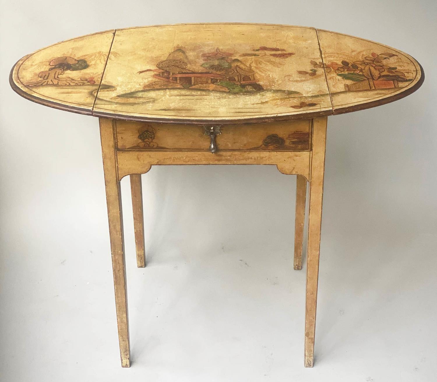 PEMBROKE TABLE, George III design, oval twin flap, yellow and gilt Chinoiserie painted with frieze