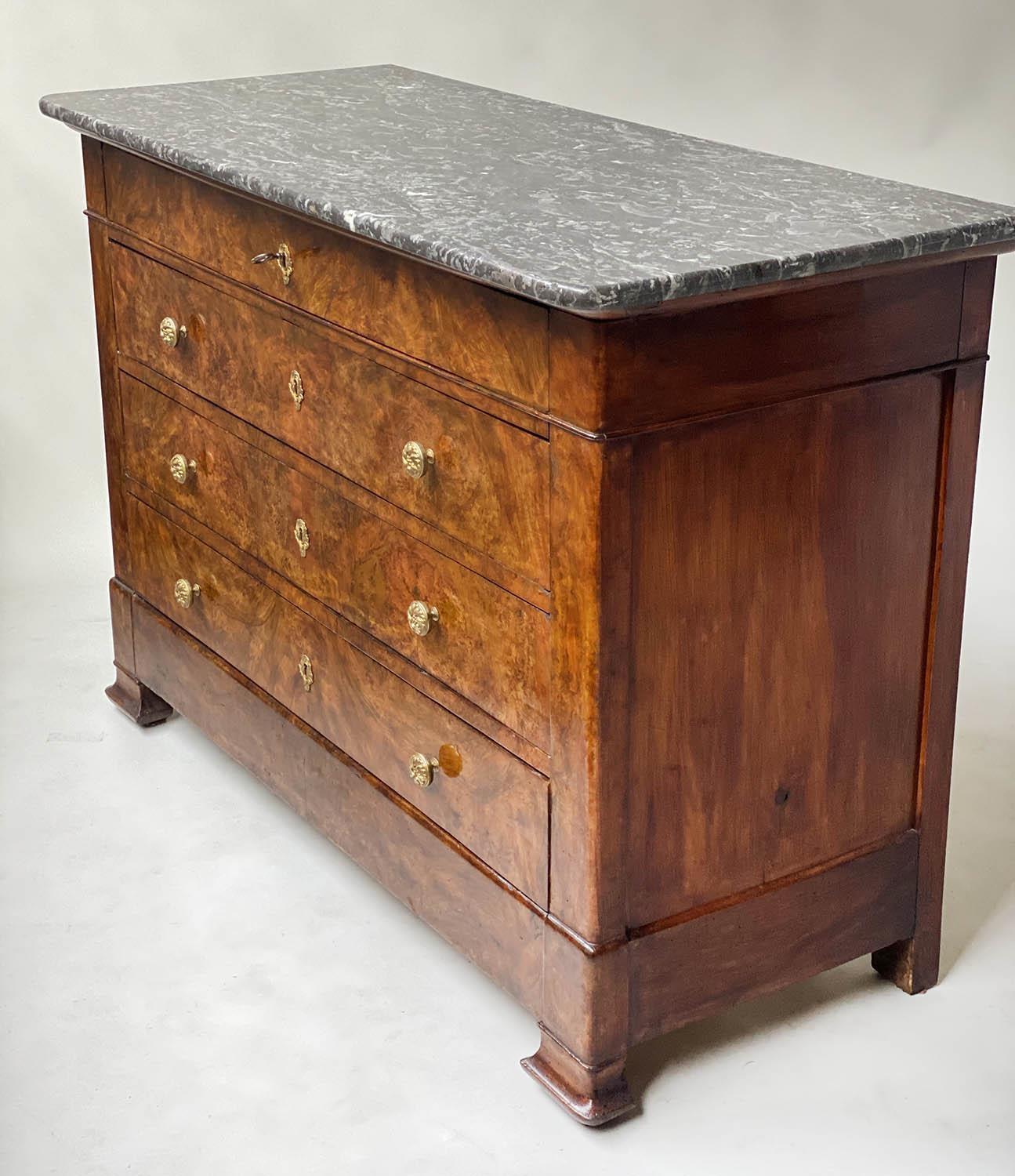 COMMODE, early 19th century French Charles X burr walnut with marble top above four long well - Image 3 of 9