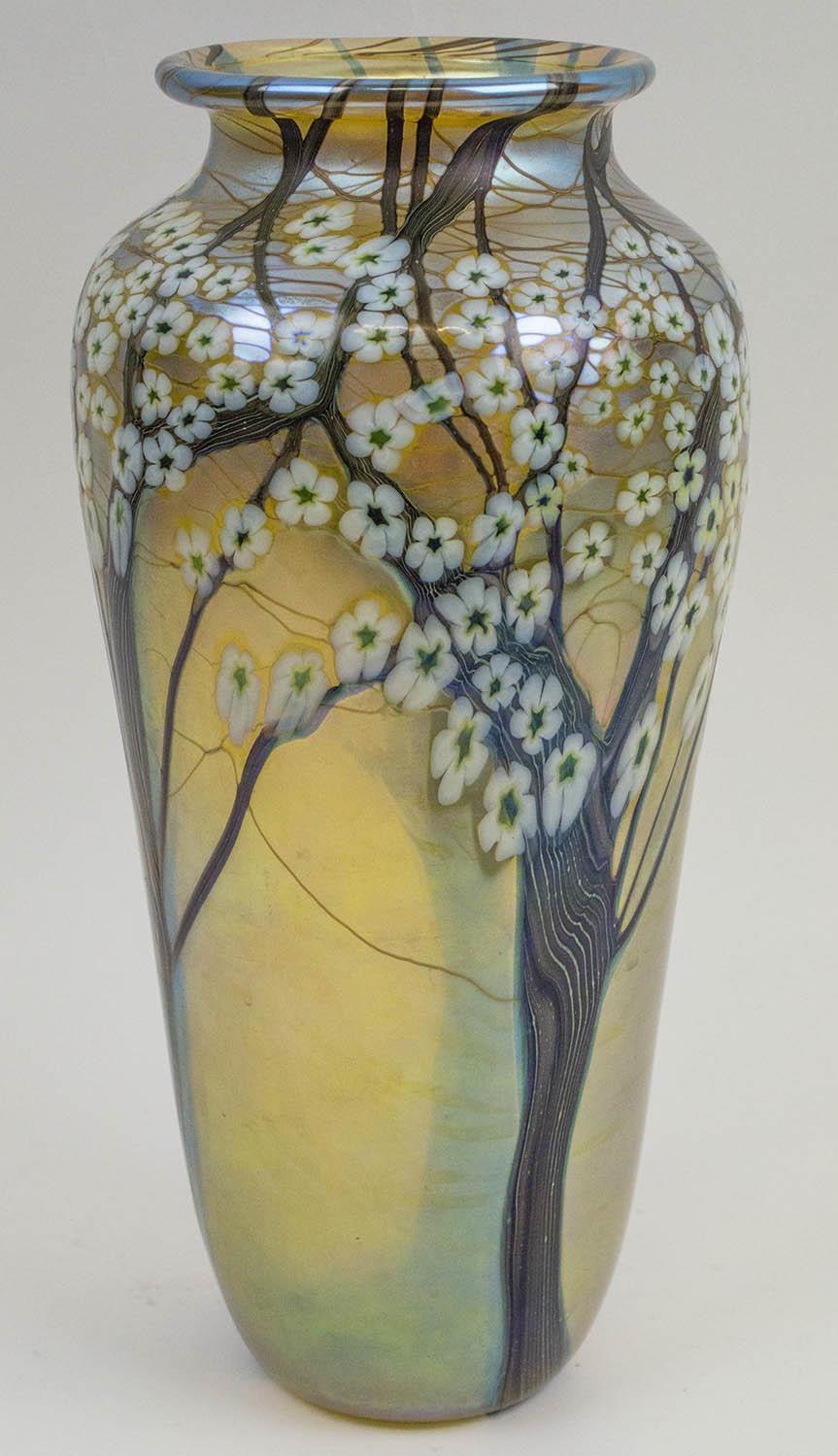 ORIENT AND FLUME IRIDESCENT GLASS VASE, Hawthorn Woods series, decorated with trailed trees with