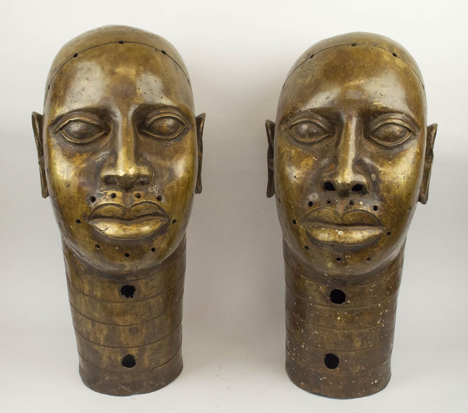 BENIN IFE BRONZE HEADS, a pair, of large proportions, 65cm H. (2)