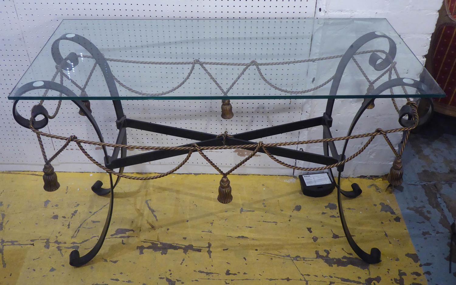 CONSOLE TABLE, 1960's French style, metal rope twist base, glass top, 102cm x 46cm x 69cm.