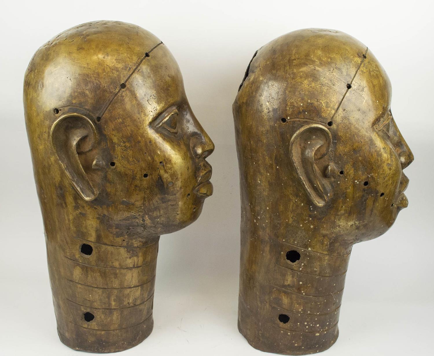 BENIN IFE BRONZE HEADS, a pair, of large proportions, 65cm H. (2) - Image 3 of 3