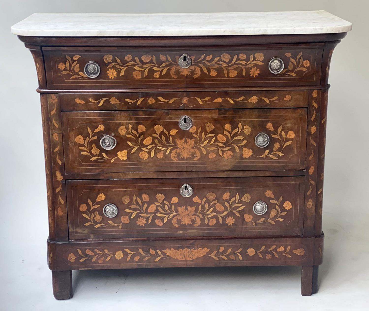 DUTCH COMMODE, 19th century mahogany and foliate satinwood inlaid with variegated white marble and