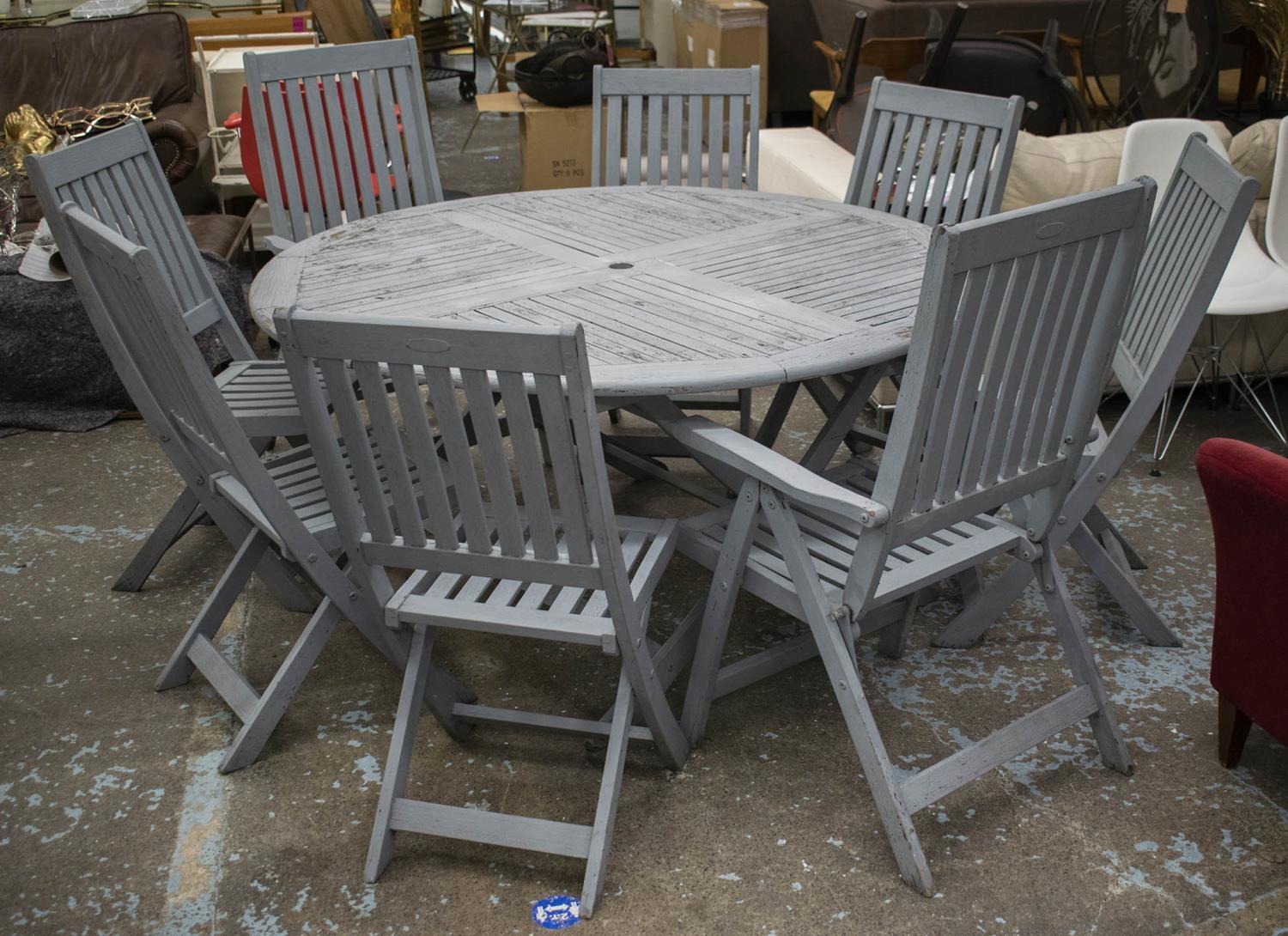 GARDEN DINING SET, distressed grey painted teak table, circular and folding, 74cm H x 150cm with