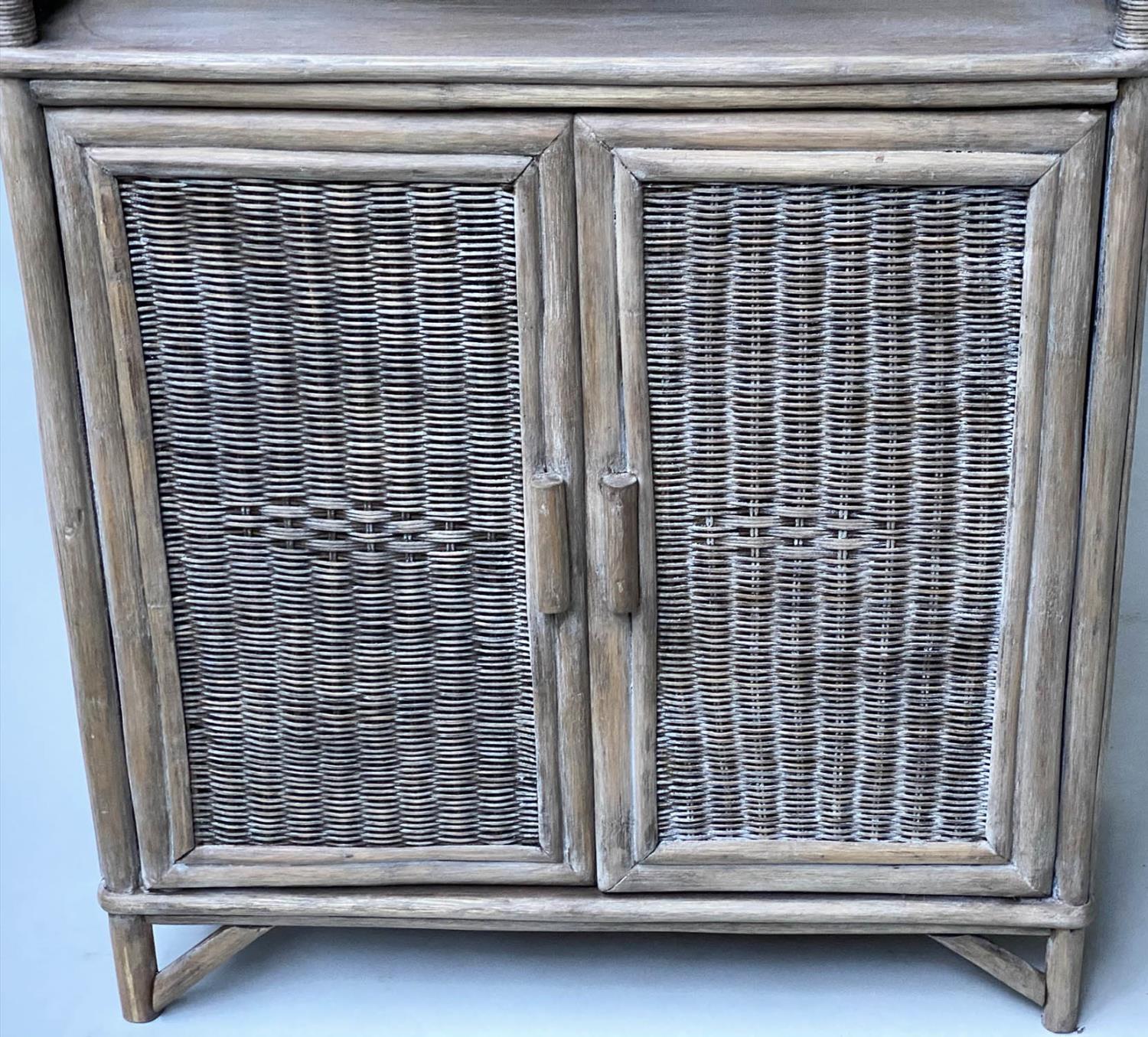 CANE BOOKCASE, rattan bamboo and cane bound with wicker panels each arched with shelves and - Image 4 of 8