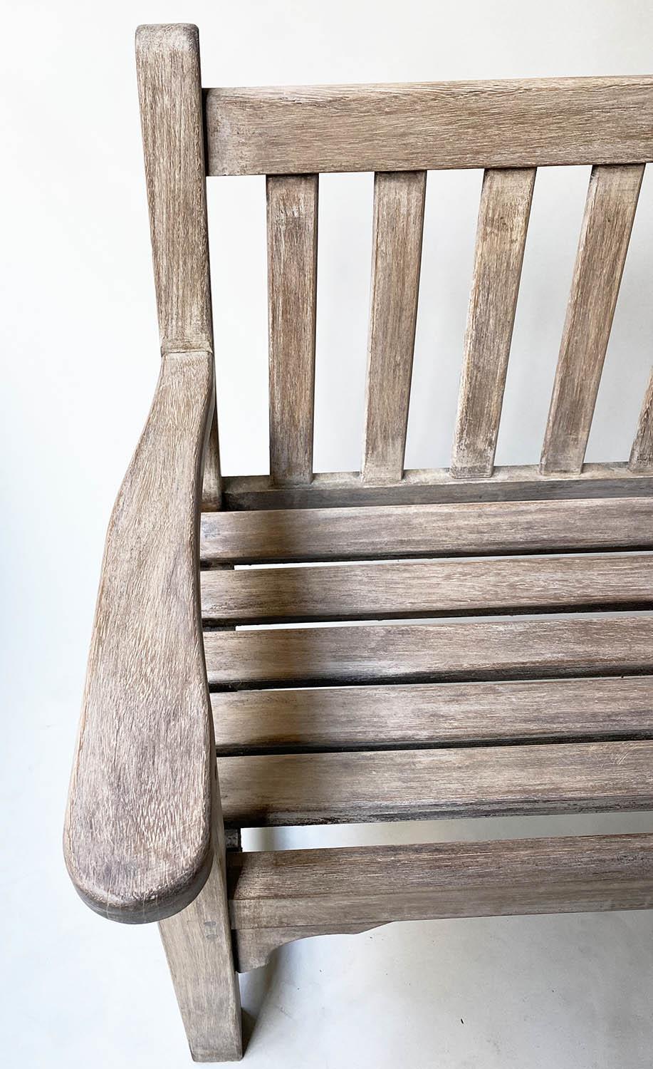 GARDEN BENCH, weathered teak of slatted construction with flat top arms, 160cm W. - Image 5 of 6