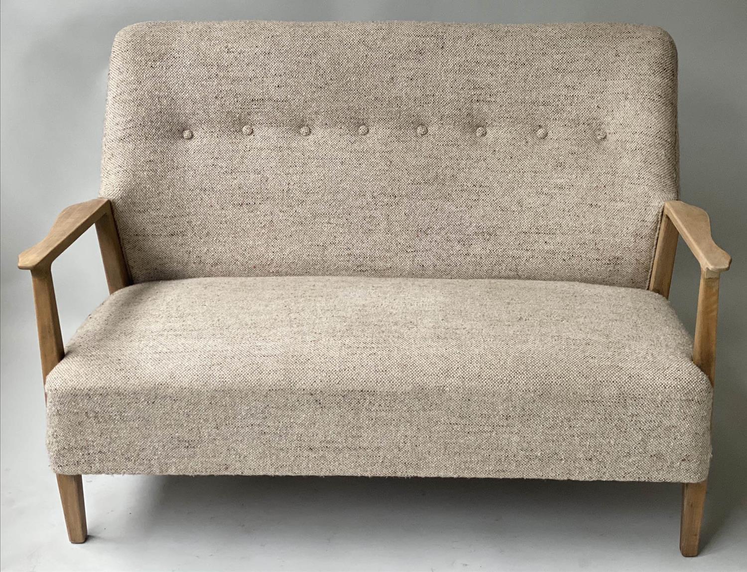 SOFA, 1970's Danish style sycamore with oatmeal upholstered button back and well shaped rear