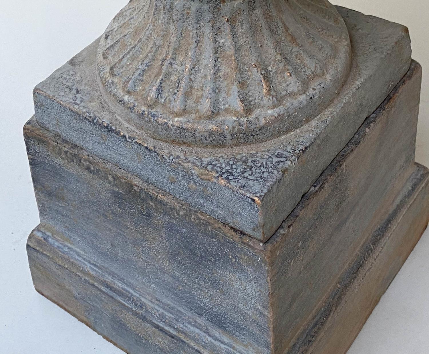 GARDEN URNS, a pair, vintage cast metal, egg and dart, fluted vase and raised plinth, 36cm x 67cm H. - Image 6 of 6