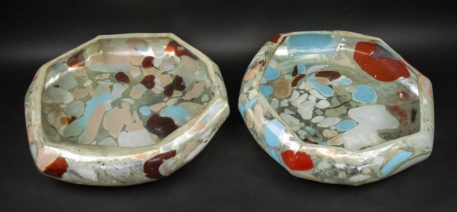 MURANO STYLE VESSELS, a pair, silvered and coloured glass, 10cm H x 47cm W. (2)