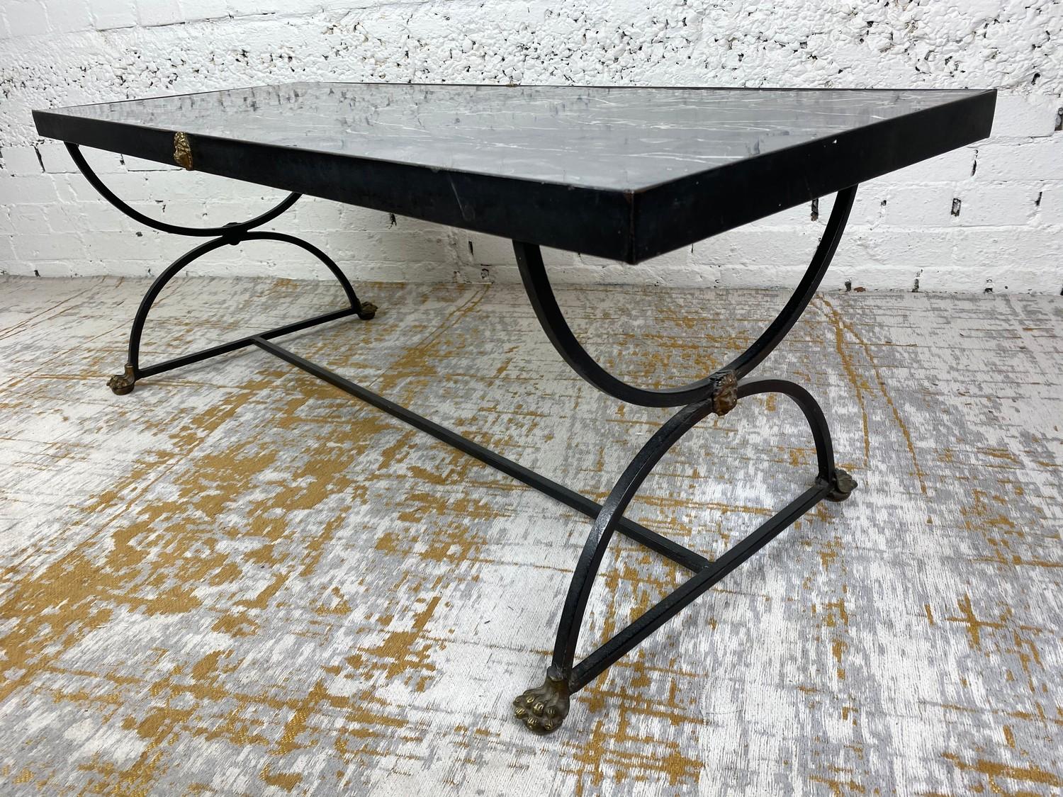 LOW TABLE, Regency design, simulated marble top above a steel base with brass lion head detail and - Image 3 of 7