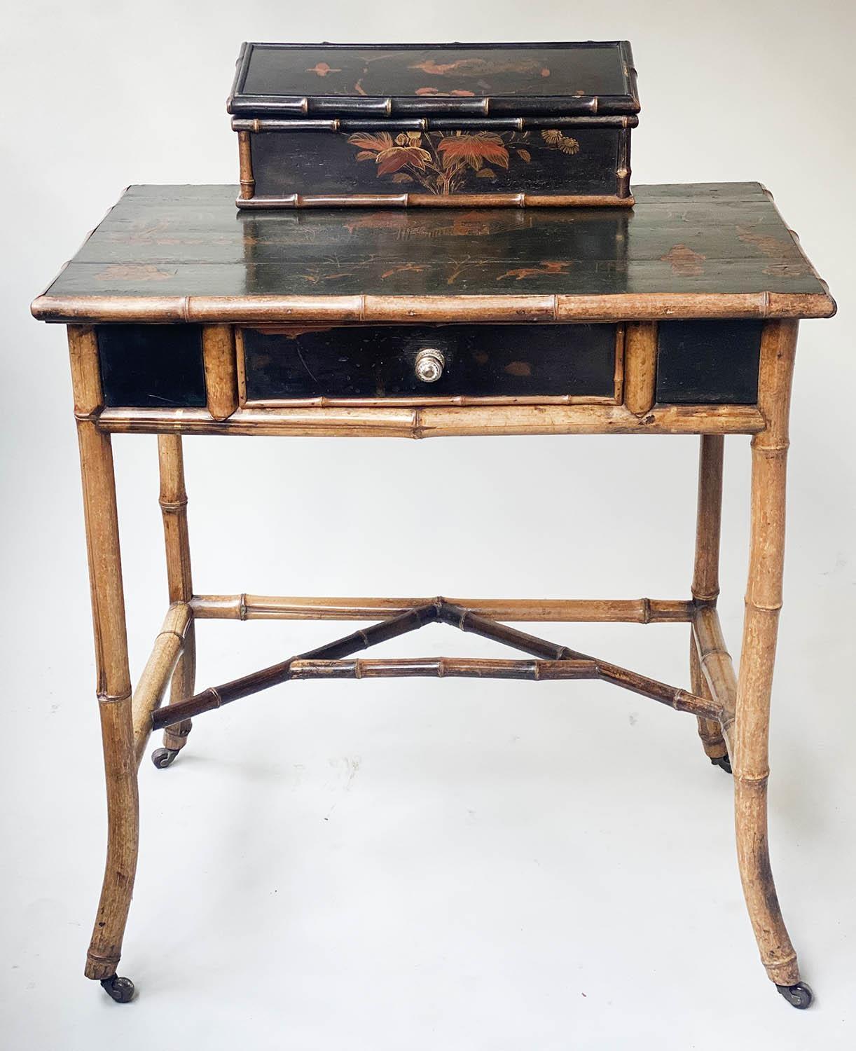 WRITING TABLE, 19th century Japanese bamboo and black lacquer panelled with rising lid stationery